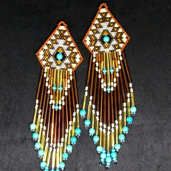 ⭐HP⭐ Beaded Handmade Brown Turquoise Long Earrings - Picture 3 of 7